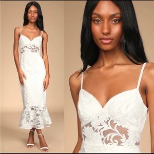 Ivory White Lace Trumpet Organza Midi Dress 🌿